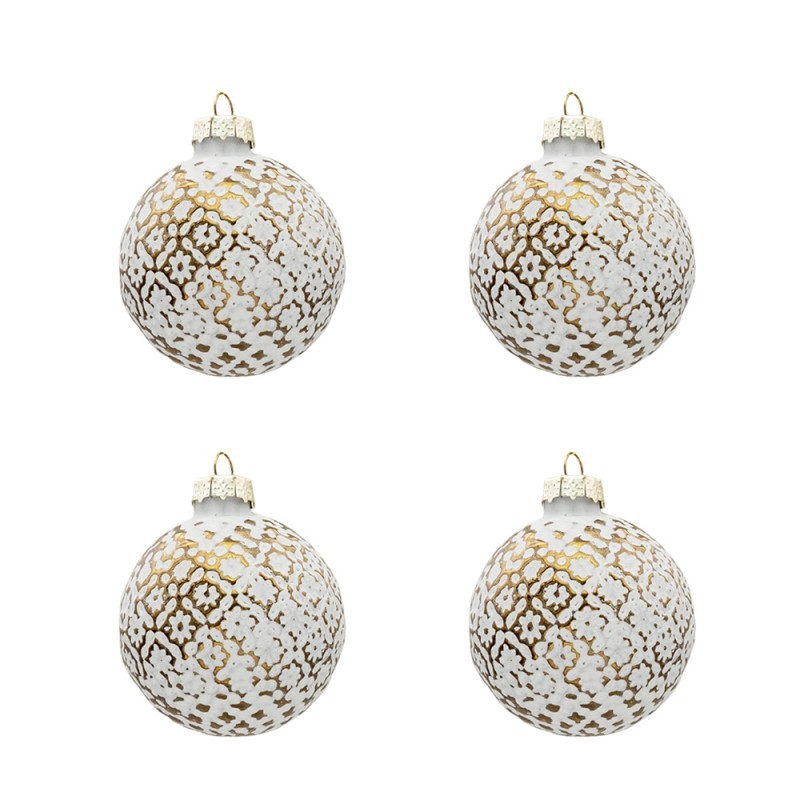 4ks bílo-zlatá vánoční koule s květy - Ø 6cm Clayre & Eef