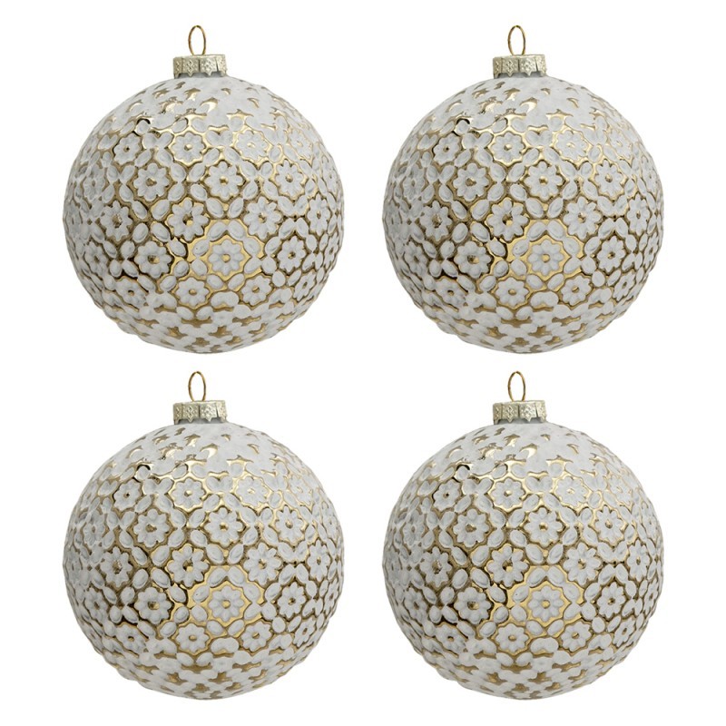4ks bílo-zlatá vánoční koule s květy - Ø 10cm Clayre & Eef