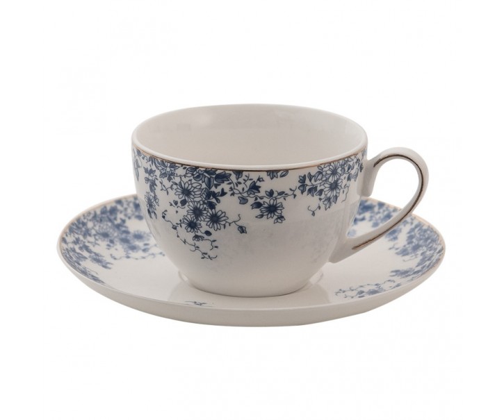 Porcelánový šálek s podšálkem s modrými květy Blue Flowers - 12*9*5 cm / Ø 15*2 cm / 200ml