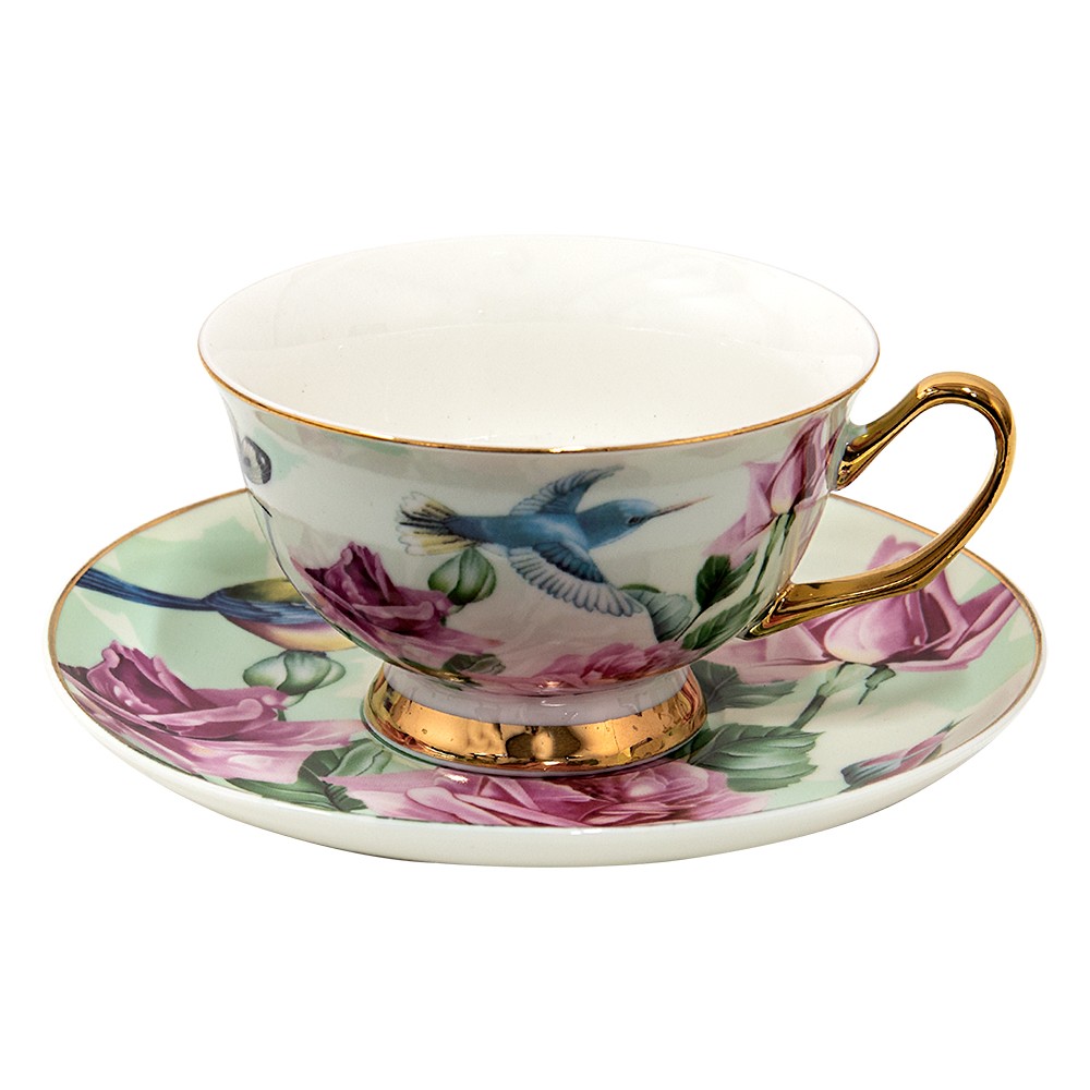 Porcelánový šálek s podšálkem s květy a ptáčky - 12*10*6 cm / Ø 15*2 cm / 200 ml