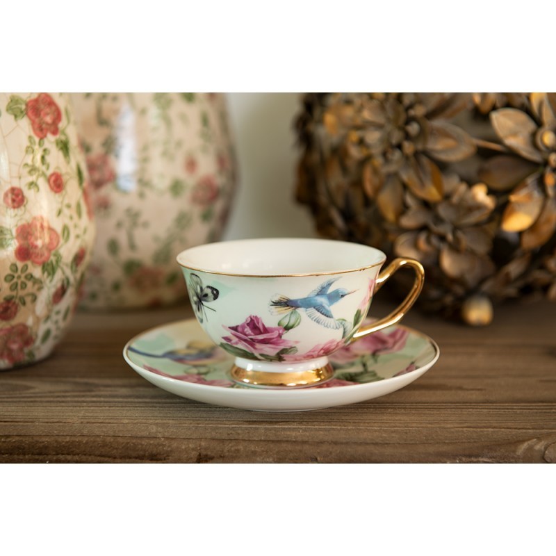 Porcelánový šálek s podšálkem s květy a ptáčky - 12*10*6 cm / Ø 15*2 cm / 200 ml