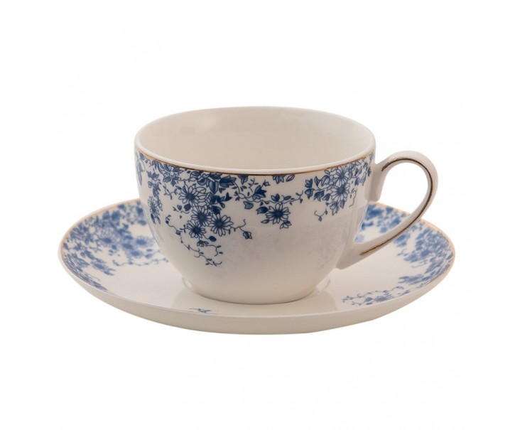 Porcelánový šálek s podšálkem s modrými květy Blue Flowers - 12*9*6  cm / Ø 15*2 cm / 220ml