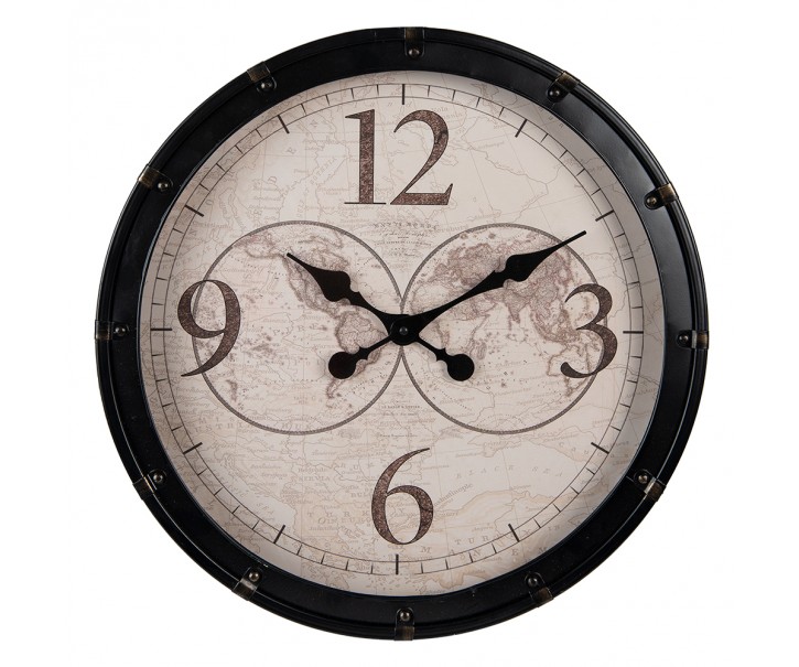 Černé antik nástěnné hodiny s mapou - Ø 50*7 cm / 1*AA