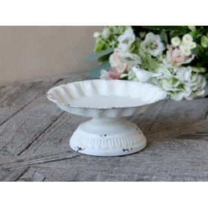Krémové antik dekorační pítko pro ptáčky se zdobným ptáčkem - 17*8cm