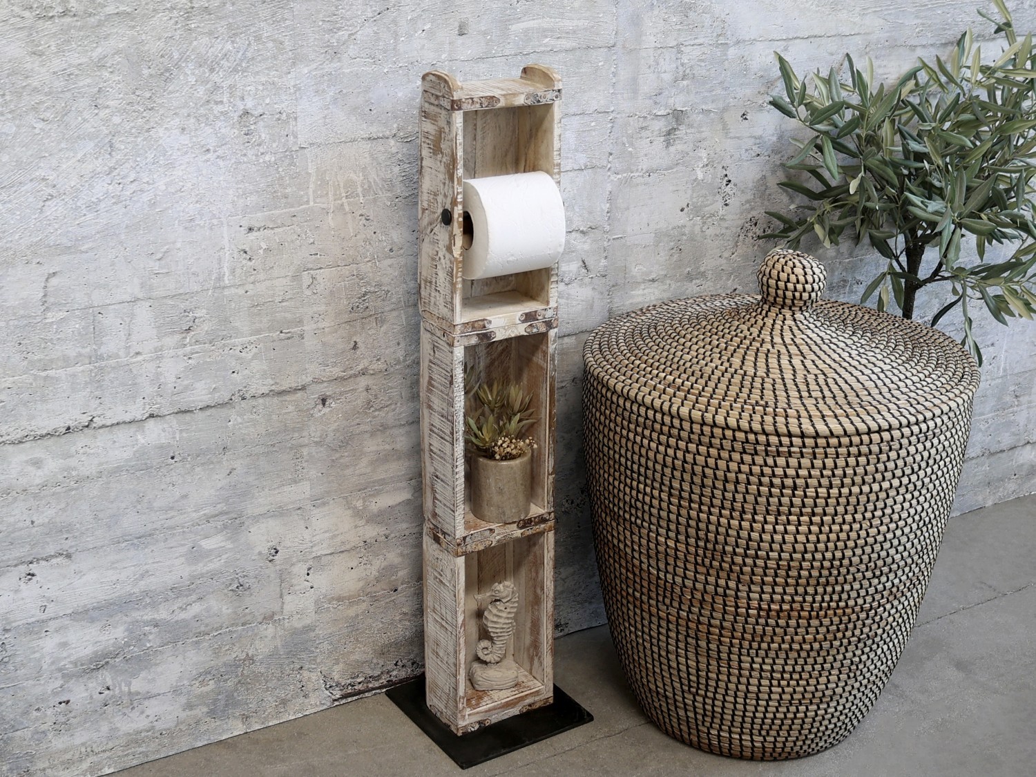Dřevěný bílý antik stojan na toaletní papír Brick Moulds - 14*8*82 cm Chic Antique