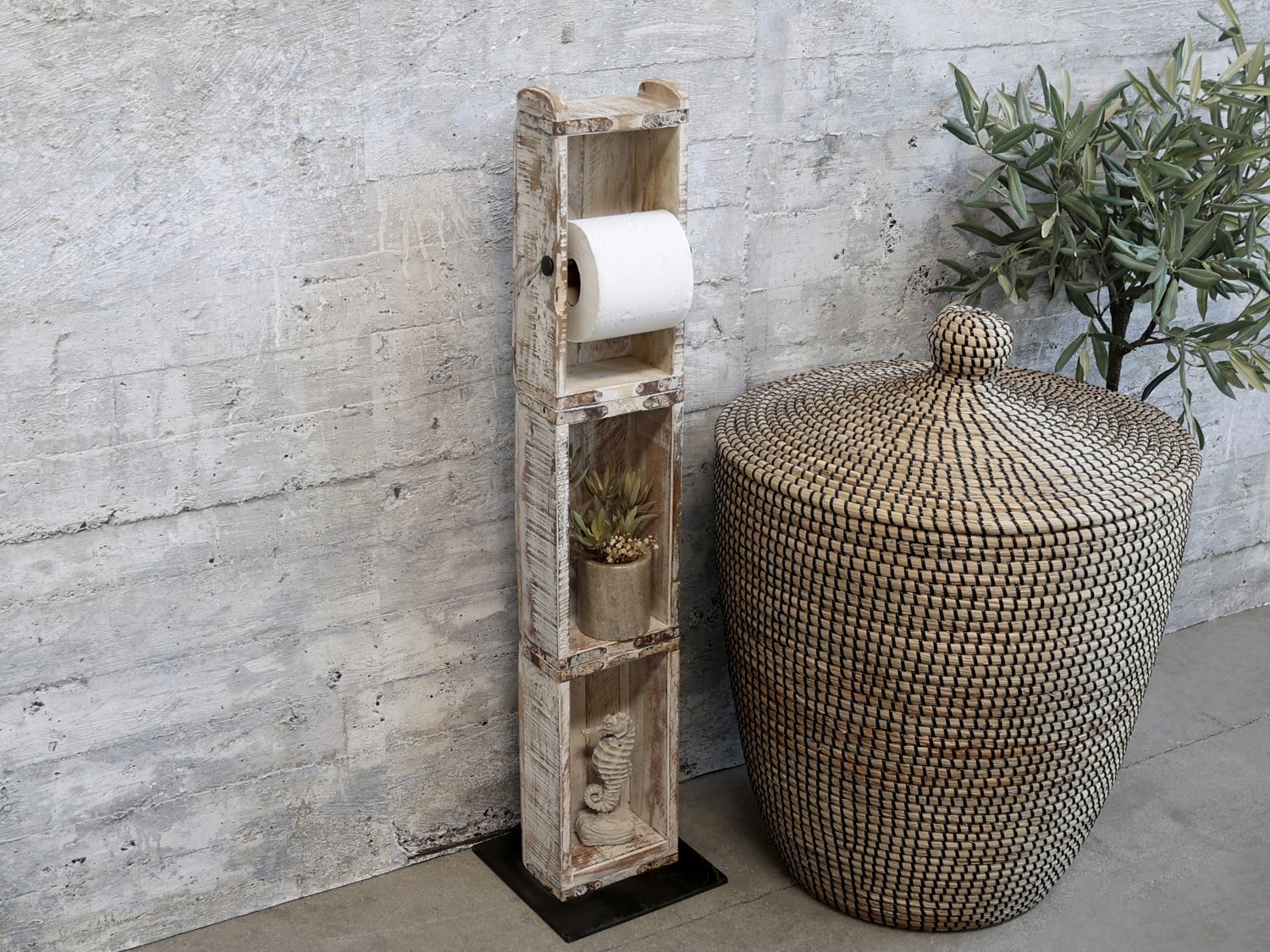 Dřevěný bílý antik stojan na toaletní papír Grimaud Brick - 14*8*82 cm