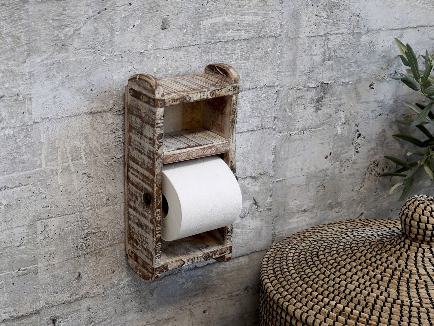 Dřevěný bílý antik nástěnný držák na toaletní papír Grimaud Brick - 15*10*30 cm