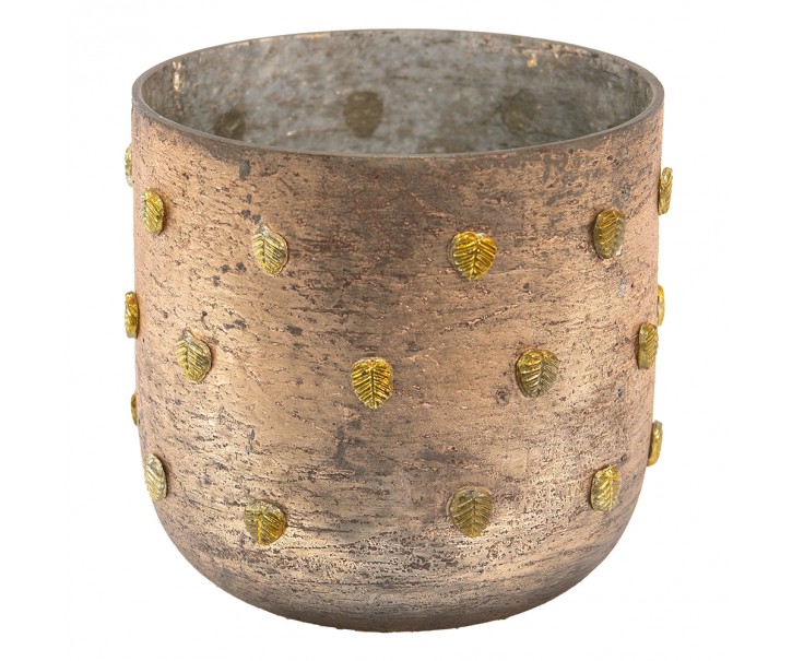 Bronzový antik skleněný svícen se zlatými lístečky - Ø 13*13 cm Clayre & Eef