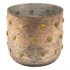 Bronzový antik skleněný svícen se zlatými lístečky - Ø 13*13 cm