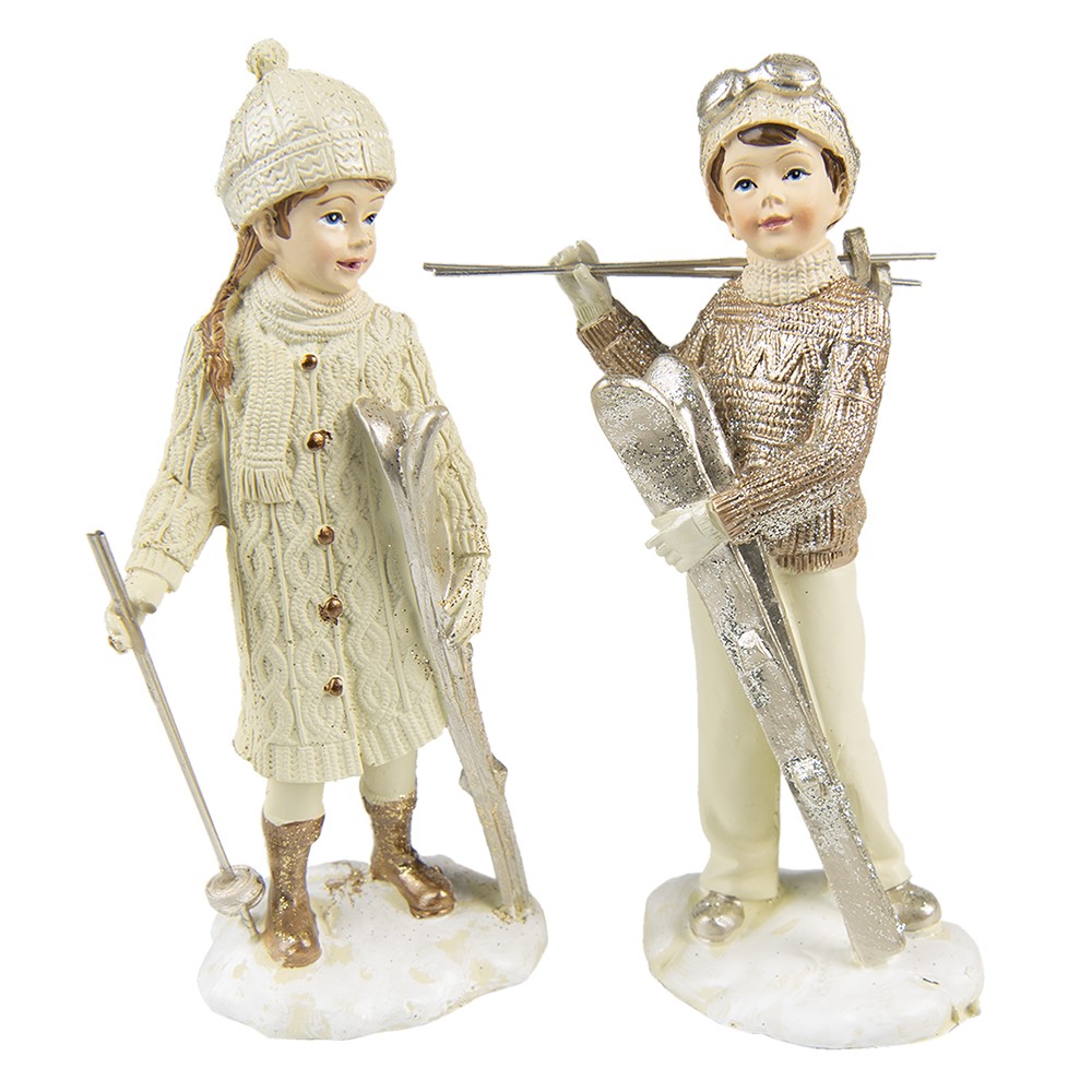 Vánoční dekorace chlapec a dívka s lyžemi - 7*4*14 cm Clayre & Eef