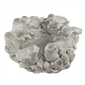 Šedý antik cementový dekorační květináč s ptáčky - Ø 27*12 cm