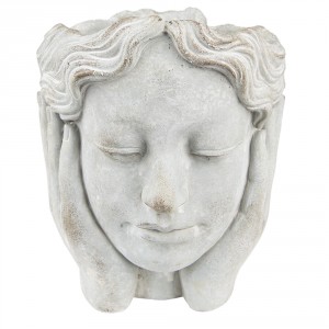 Šedý cementový květináč hlava dívky v dlaních M - 18*18*20 cm