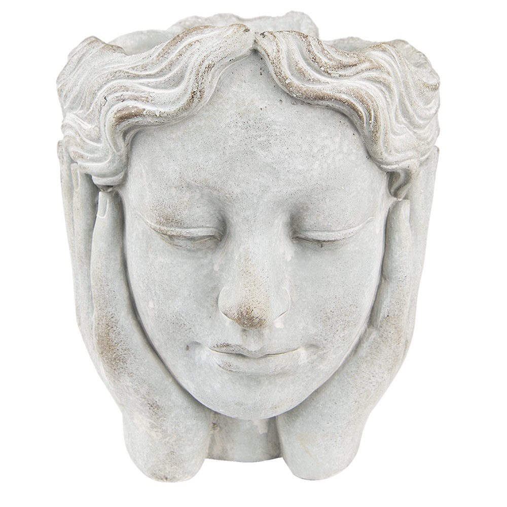 Šedý cementový květináč hlava dívky v dlaních M - 18*18*20 cm