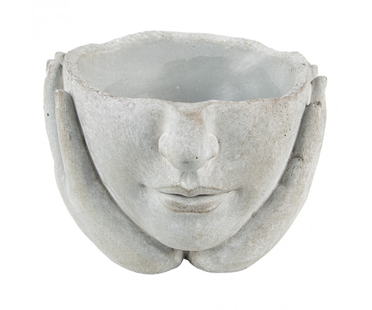 Šedý cementový květináč hlava ženy v dlaních - 17*17*11 cm