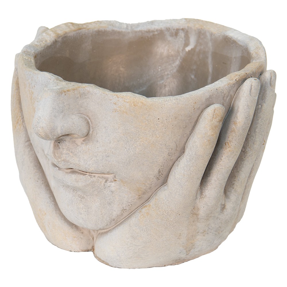 Béžový cementový květináč hlava ženy v dlaních S - 17*17*11 cm