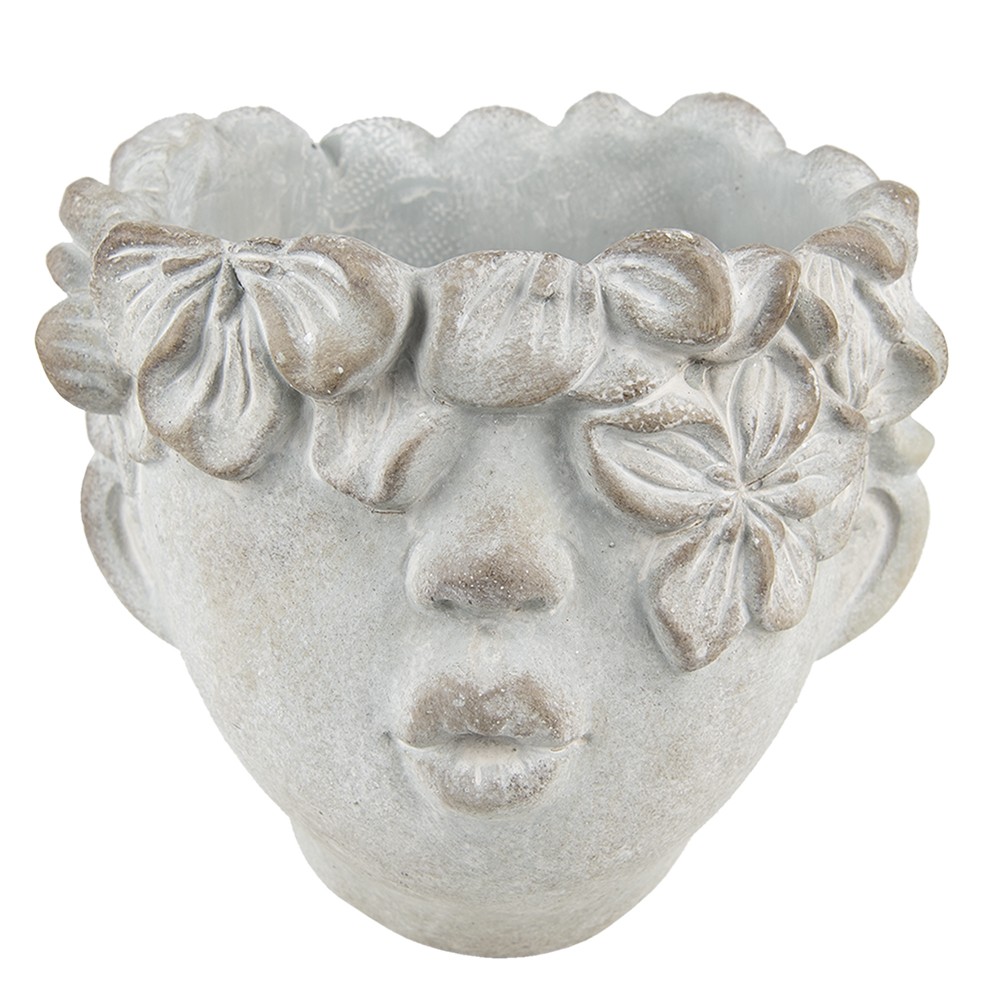 Levně Šedý nástěnný květináč v designu hlavy s květinovým věncem Tete - 20*18*18 cm 6TE0418L