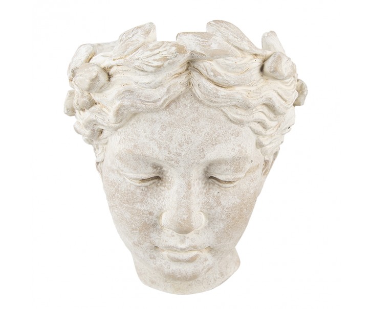 Béžový antik cementový květináč hlava ženy - 17*13*21 cm