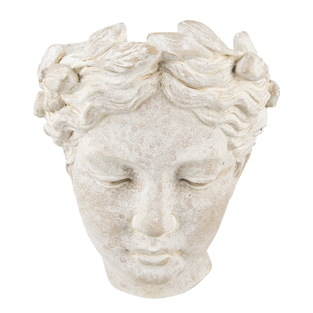 Béžový antik cementový nástěnný květináč hlava ženy - 17*13*21 cm Clayre & Eef