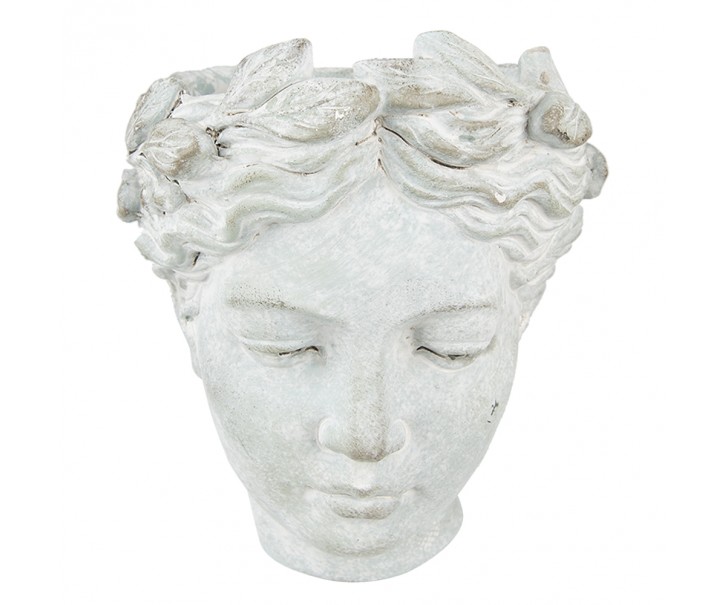 Šedý antik cementový nástěnný květináč hlava ženy - 17*13*21 cm