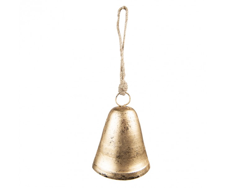 Zlatý retro kovový zvonek na jutovém provázku - 10*6*13 cm