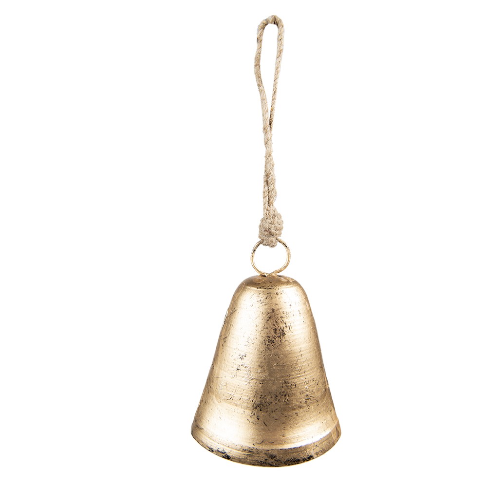 Zlatý retro kovový zvonek na jutovém provázku - 10*6*13 cm Clayre & Eef