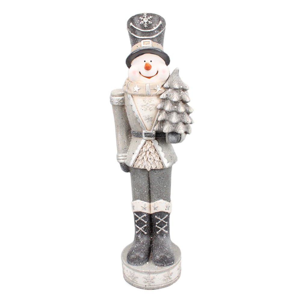 Šedo- stříbrná vánoční dekorace socha Sněhulák se stromkem - 25*20*82 cm 5PR0093