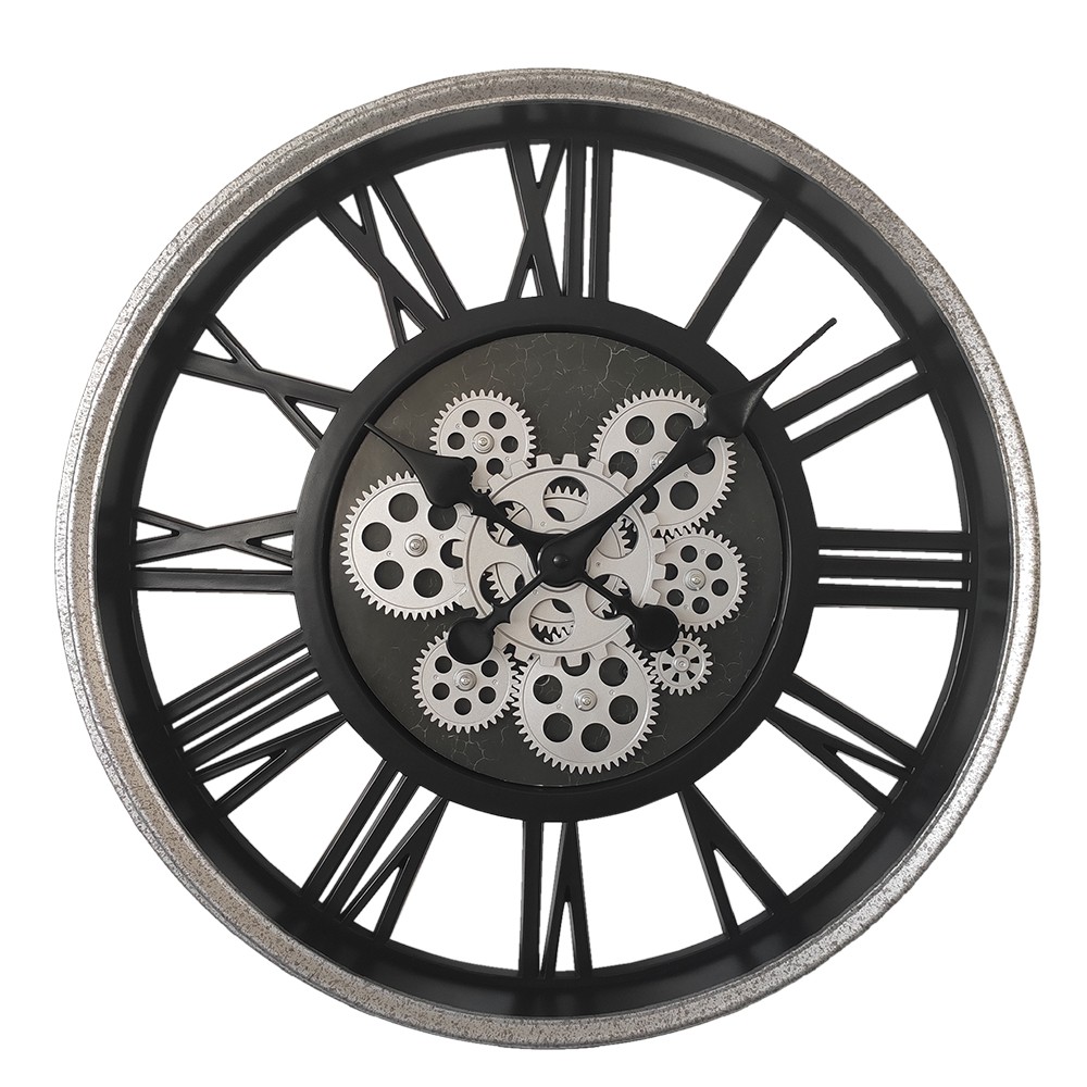 Stříbrno-černé hodiny s ozubenými kolečky Pion - Ø 51*8 cm / 3*AA Clayre & Eef