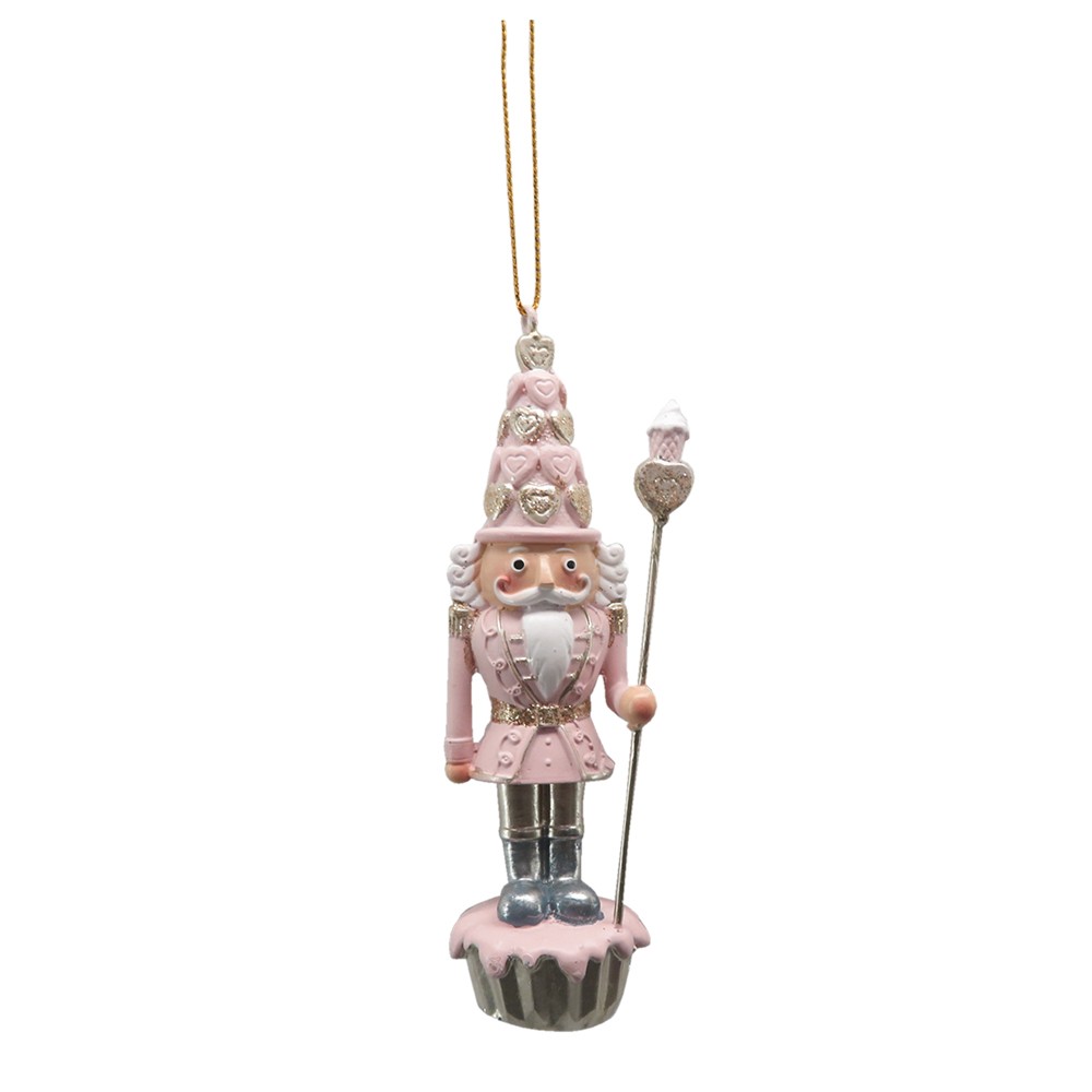 Růžová závěsná dekorace socha Louskáček s muffinky - 3*3*11 cm Clayre & Eef