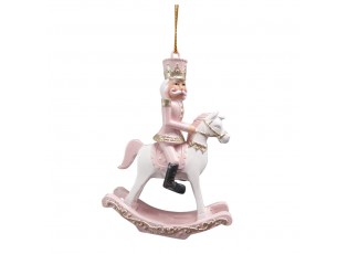 Bílo-růžová závěsná dekorace Louskáček na houpacím koni - 6*3*9 cm