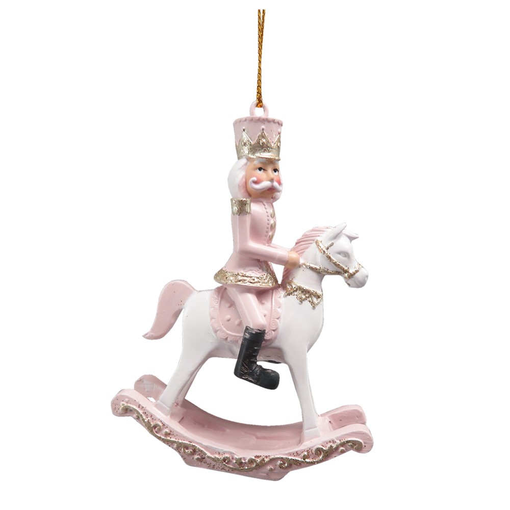 Bílo-růžová závěsná dekorace Louskáček na houpacím koni - 6*3*9 cm Clayre & Eef