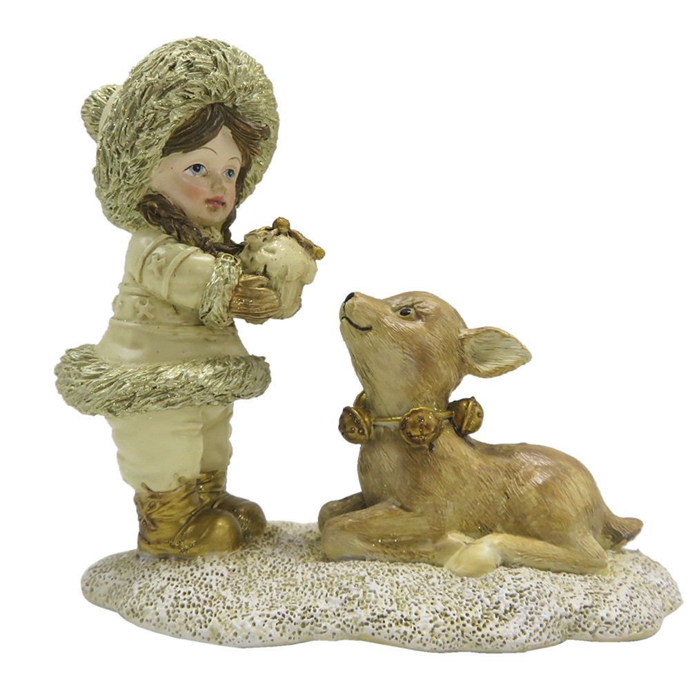 Béžovo-zlatá antik dekorace děvče se srnečkou - 12*6*12 cm Clayre & Eef
