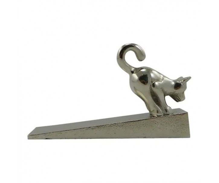 Stříbrná antik kovová dveřní zarážka kočka - 15*4*9cm