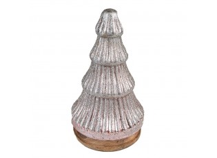 Stříbrný dekorační skleněný stromek na dřevěném podstavci - Ø 13*24 cm