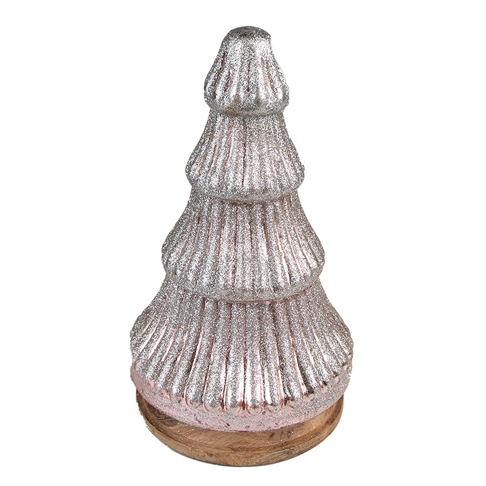 Stříbrný dekorační skleněný stromek na dřevěném podstavci - Ø 13*24 cm 65123