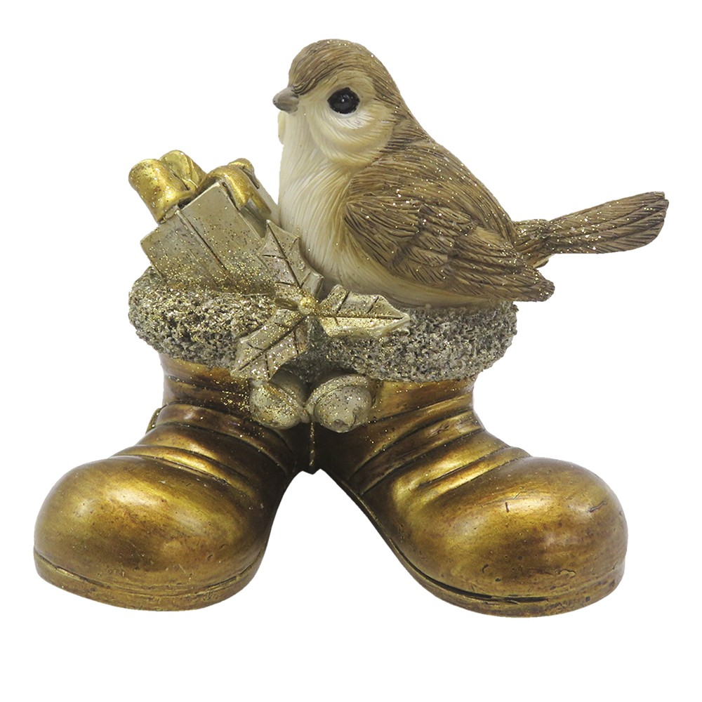Zlatá antik vánoční dekorace ptáček s dárkem - 10*7*9 cm Clayre & Eef