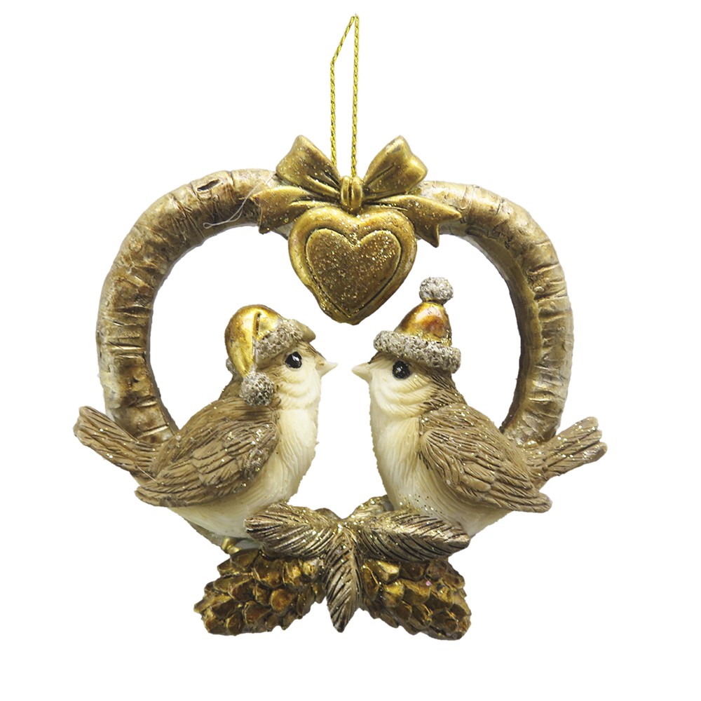 Zlatá antik závěsná dekorace ptáčci v srdci - 8*2*8 cm Clayre & Eef