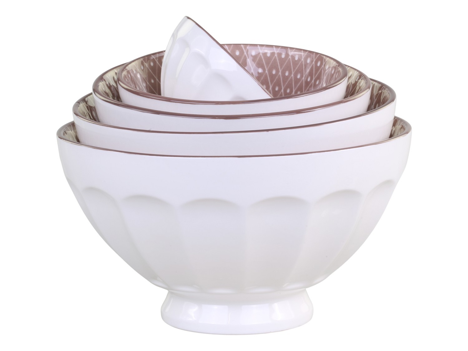 Set 5ks bílá porcelánová miska s růžovými detaily uvnitř Arés - Ø15*9 cm