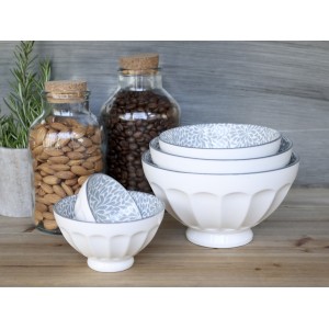 Set 5ks bílá porcelánová miska se šedými ornamenty uvnitř Arés - Ø15*9 cm