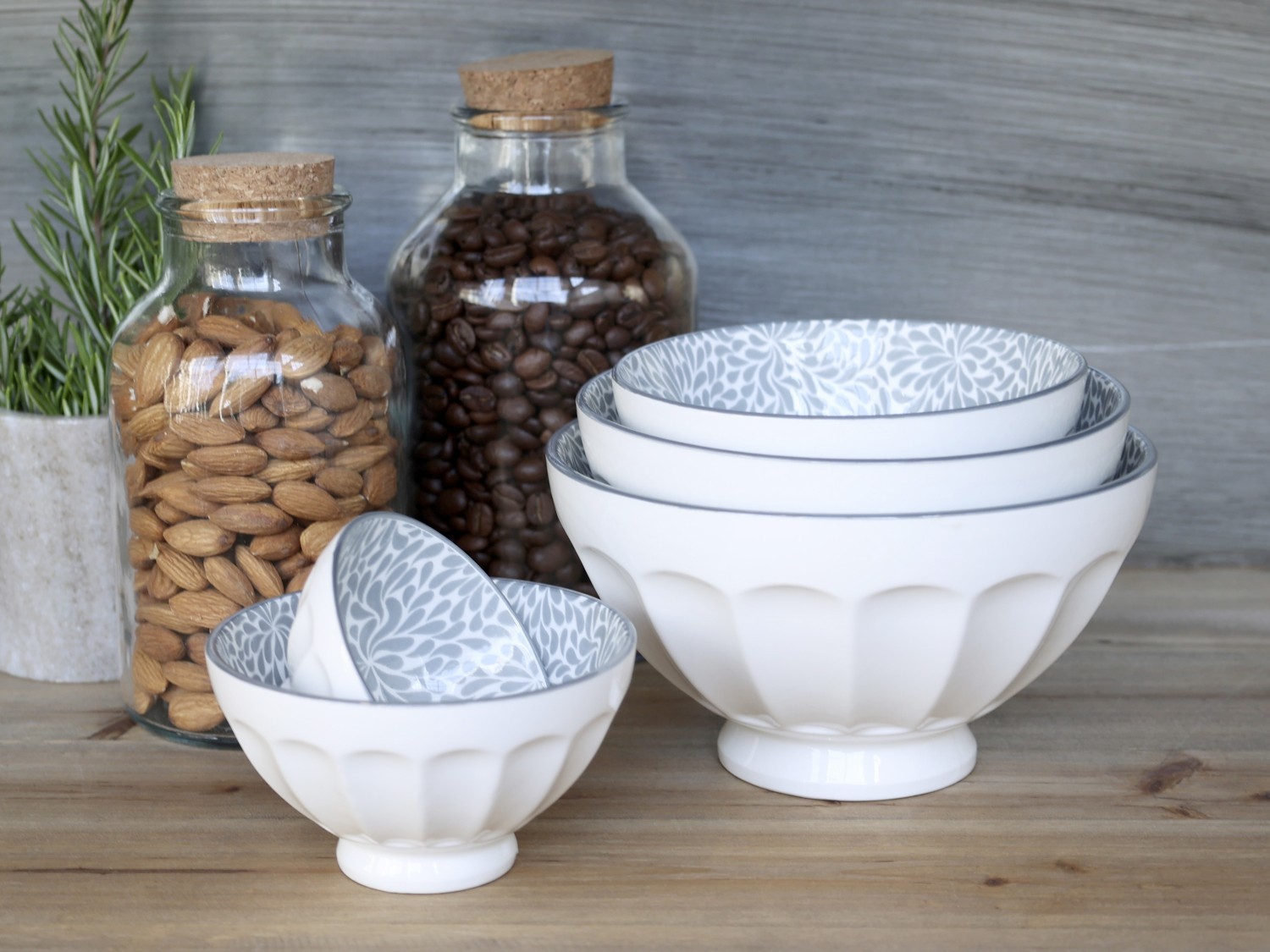 Set 5ks bílá porcelánová miska se šedými ornamenty uvnitř Arés - Ø15*9 cm