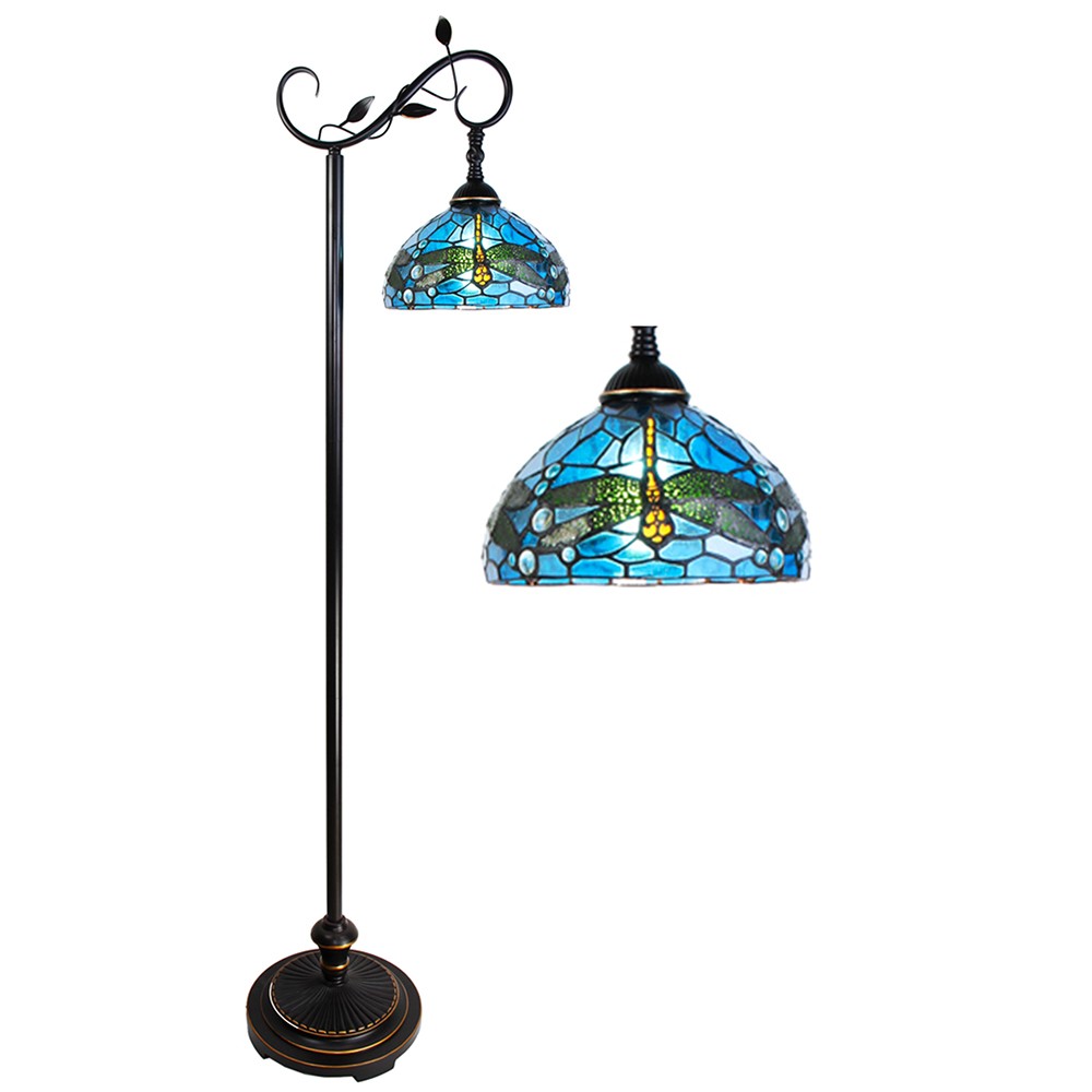 Modrá stojací Tiffany lampa s vážkami Dragonfly - 36*25*152 cm E27/max 1*60W 5LL-6241