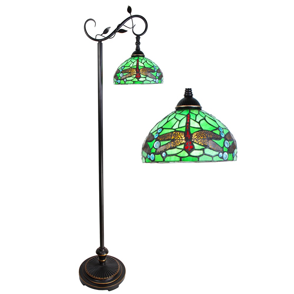 Zelená stojací Tiffany lampa s vážkami Dragonfly  - 36*25*152 cm E27/max 1*60W Clayre & Eef
