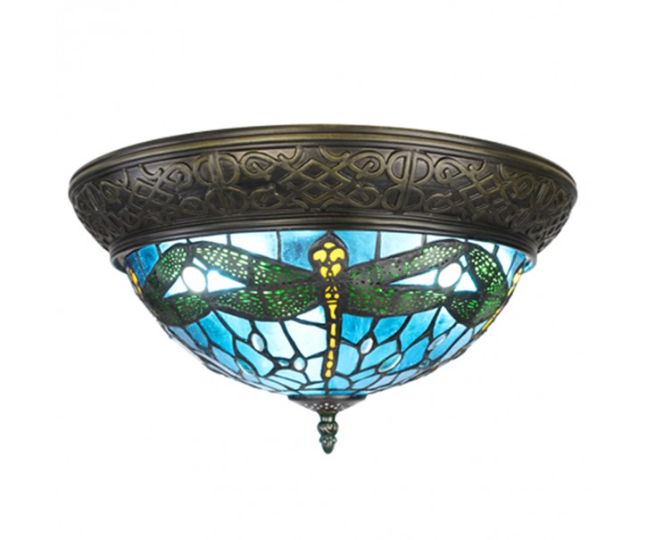 Modré stropní Tiffany světlo s vážkami Dragonfly - Ø 38*20 cm E14/max 2*25W