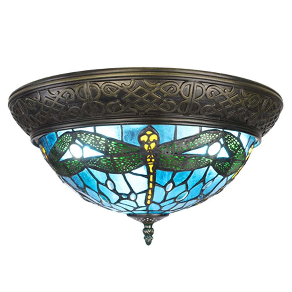 Levně Modré stropní Tiffany světlo s vážkami Dragonfly - Ø 38*20 cm E14/max 2*25W 5LL-6263