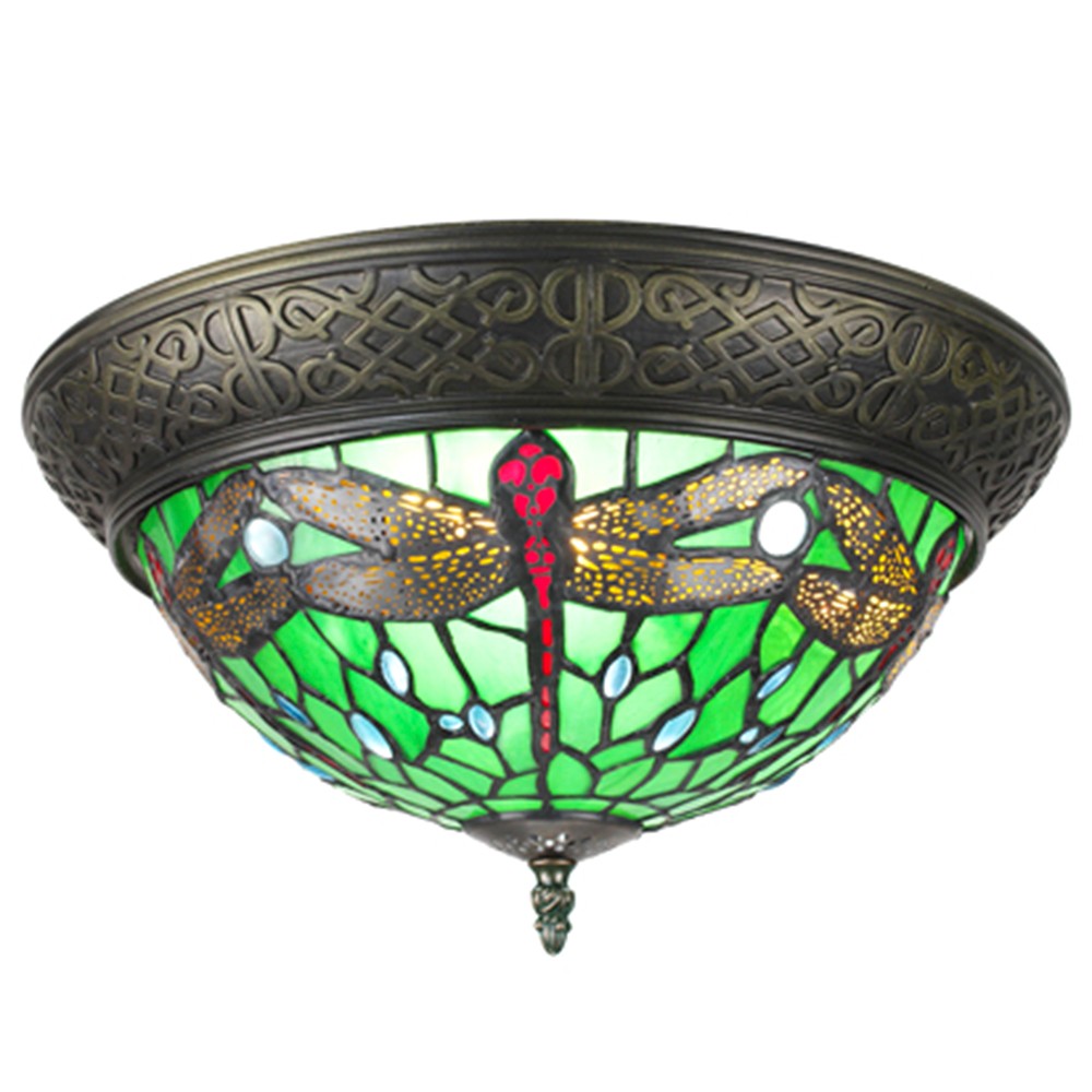 Zelené stropní Tiffany světlo s vážkami Dragonfly - Ø 38*20 cm E14/max 2*25W 5LL-6264