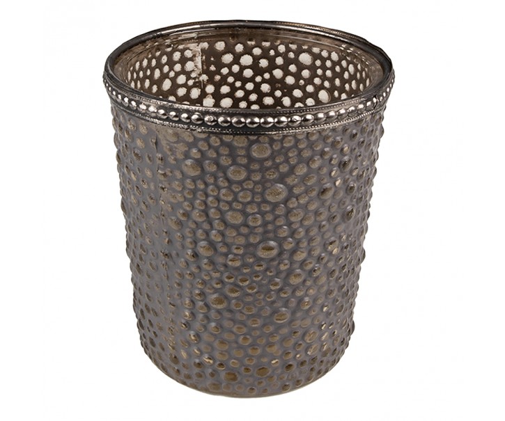 Šedý skleněný svícen na čajovou svíčku se zdobným lemem - Ø 9*10 cm
