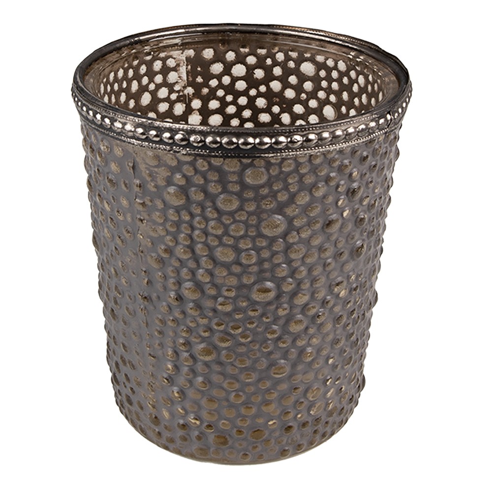 Šedý skleněný svícen na čajovou svíčku se zdobným lemem - Ø 9*10 cm Clayre & Eef