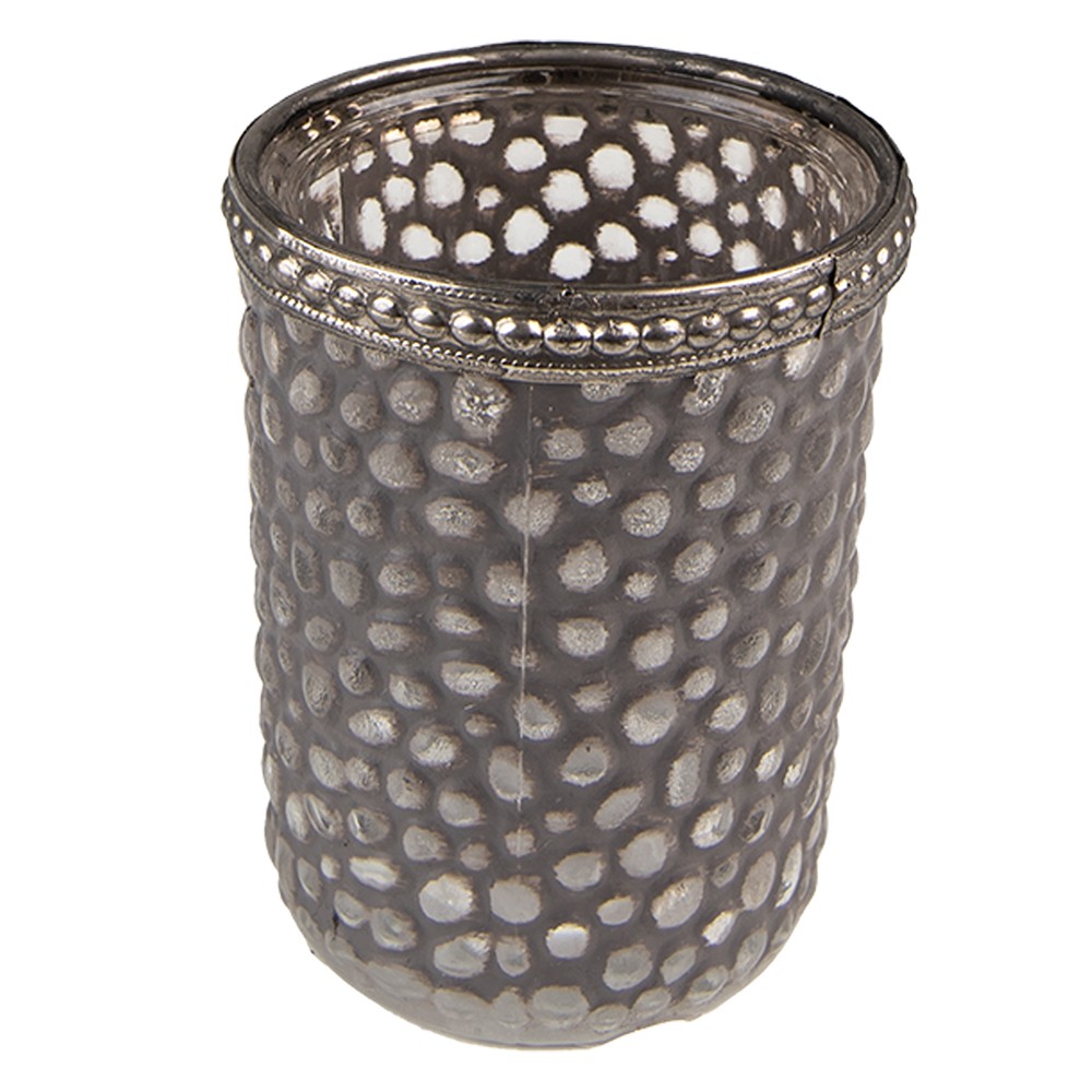 Šedý skleněný svícen na čajovou svíčku se zdobným lemem - Ø 6*7 cm Clayre & Eef