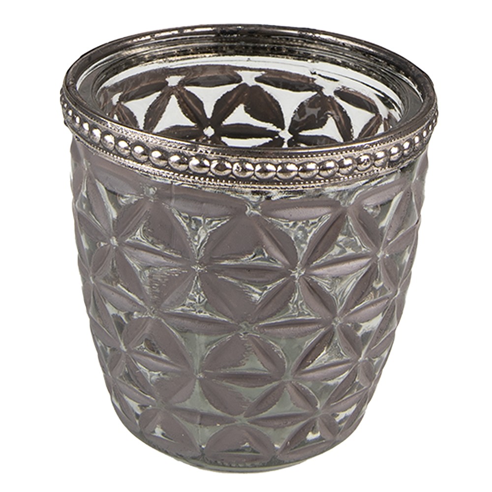 Šedý skleněný svícen na čajovou svíčku se zdobným lemem - Ø 7*7 cm Clayre & Eef