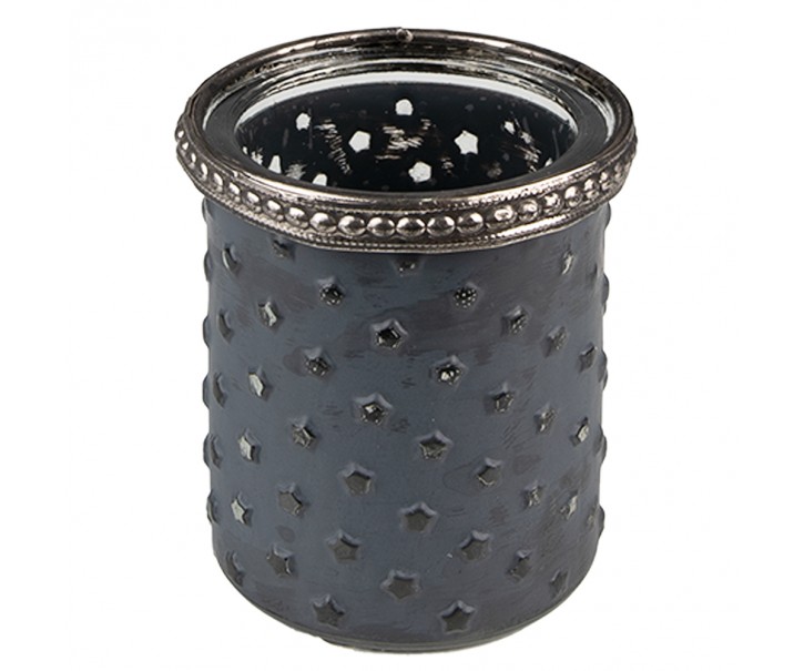 Šedý skleněný svícen na čajovou svíčku se zdobným lemem - Ø 6*7 cm