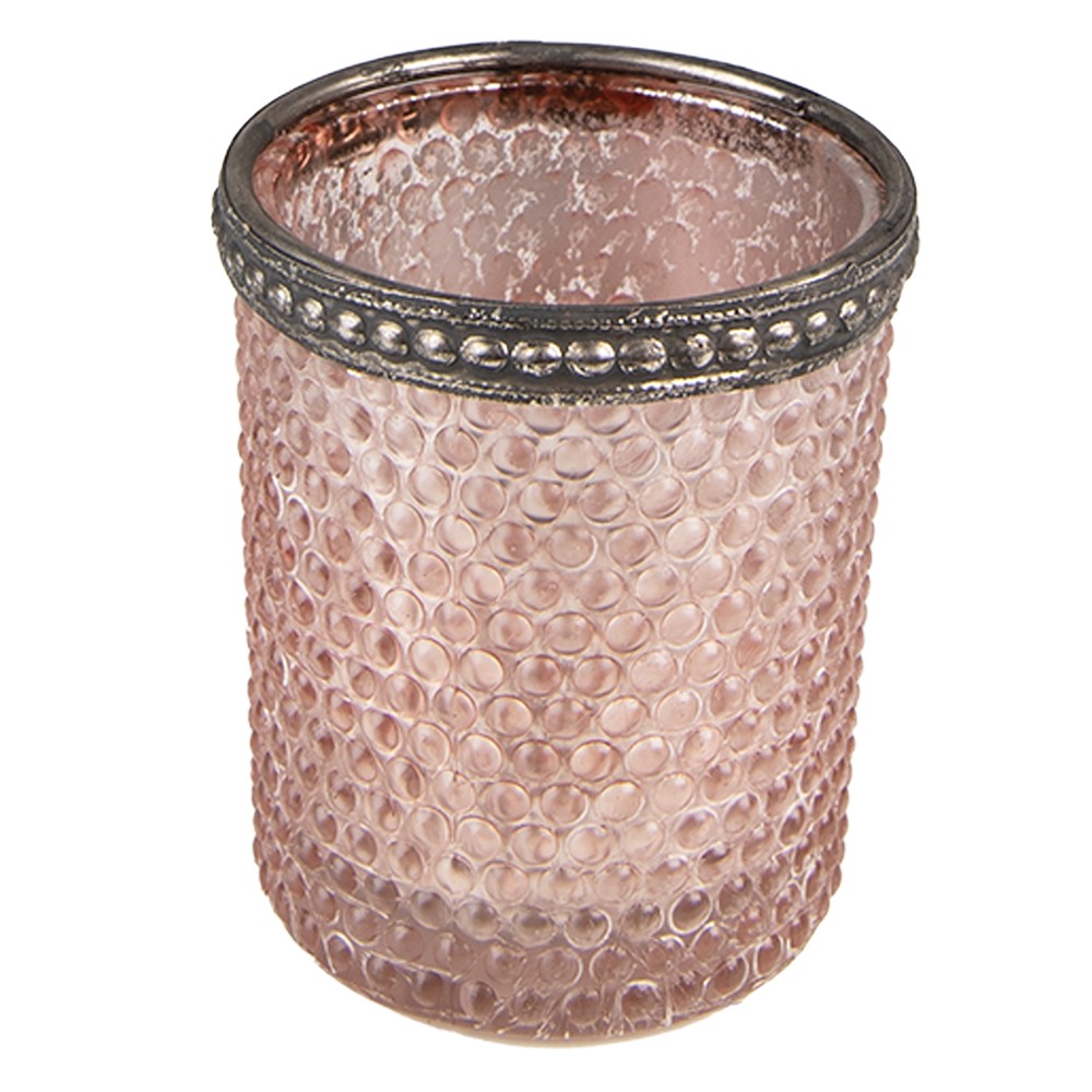 Růžový skleněný svícen na čajovou svíčku se zdobným okrajem - Ø 6*6 cm 6GL3976